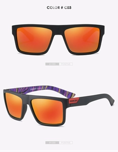 Detail view of sport sunglasses with matte black frames and orange mirrored lenses