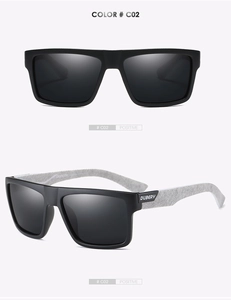 Detail view showing Dubery polarized sports sunglasses with matte black frame and logo