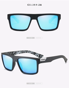 Detailed view of matte black polarized sunglasses with blue mirrored lenses and logo