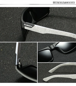 Detail view of matte black polarized sunglasses with textured arms and metal logo