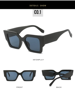 Vues détaillées de lunettes de soleil carrées avec monture noire et verres bleus