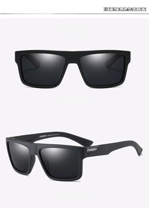 Close-up of matte black frame sports sunglasses with polarized lenses and logo detail
