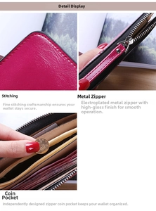 Detail of rose red long wallet showing fine stitching, metal zipper, and coin pocket