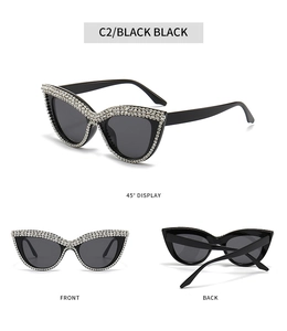 Three-view detail of rhinestone cat eye sunglasses showing front, back and 45-degree angle