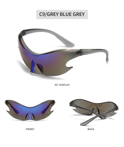 Three-view display of futuristic Y2K wrap-around sunglasses with grey frames and blue lenses