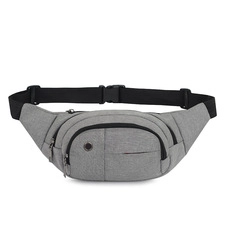 Detailed view of gray oxford fabric waist bag with earphone port and adjustable strap