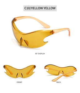 Three-view display of yellow Y2K wrap-around sunglasses with flame-cut lens details