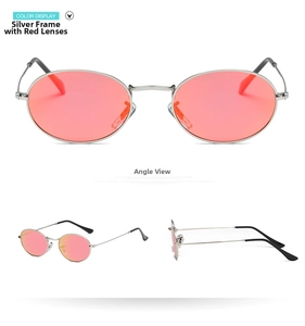 Detailed views of vintage oval sunglasses with silver metal frame and red mirrored lenses