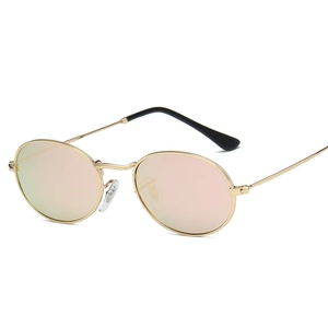 Retro oval sunglasses with gold metal frame and pink reflective mirrored lenses