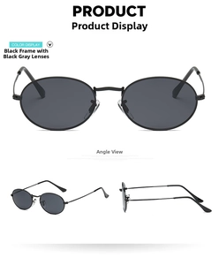 Detail view showing black oval vintage sunglasses with dark grey lenses and slim metal frame