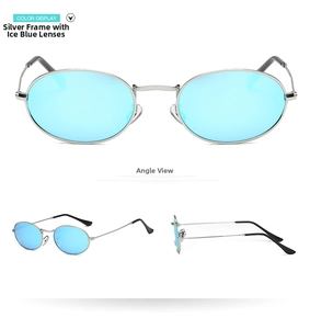 Detailed multi-angle display of silver oval sunglasses with ice blue lenses