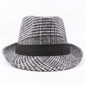 Classic houndstooth wool fedora hat for men with black ribbon and British vintage style