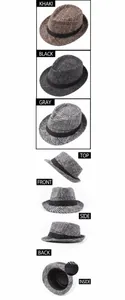 Detailed views of vintage plaid wool fedora hats for men in khaki, black, and grey colors