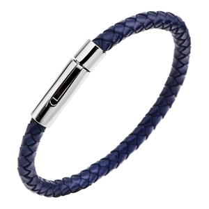 Bracelet pour homme en cuir tressé bleu avec fermoir poli en acier inoxydable argenté