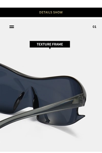 Close-up of the textured black frame and dark lenses of these futuristic Y2K punk sunglasses