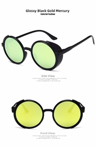 Detailed view of black and gold steampunk sunglasses with round lenses and side shields