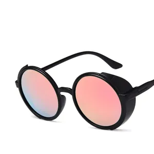 Retro steampunk round sunglasses with black frames, side shields, and orange mirrored lenses