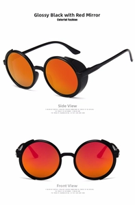 Steampunk round sunglasses in glossy black frame with red mercury mirror lenses