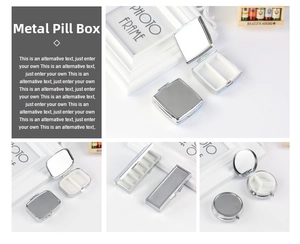 Macro detail of round metal pill box showing 3-compartment white plastic divider and mirror