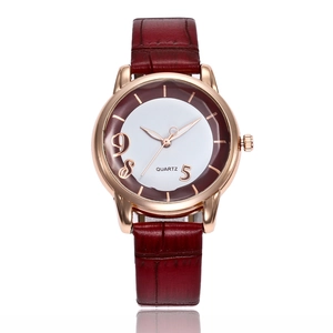 Minimalist quartz watch with burgundy crocodile texture leather strap and gold case