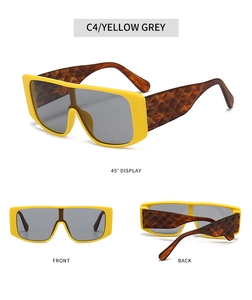 Three-angle display of oversized yellow sunglasses with quilted texture embossed temples