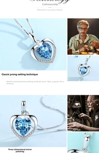 Dettaglio del ciondolo a cuore in cristallo blu con castone a griffe e lucidatura a specchio