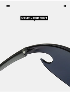 Detail of secure mirror shaft hinge on black punk Y2K wrap-around sunglasses