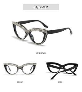 Detailed multi-angle view of black cat-eye sunglasses with rhinestone floral frame C4