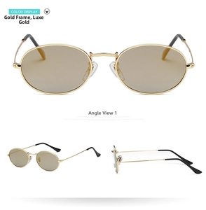 Three-angle display of oval retro sunglasses with gold metal frame and brown lenses