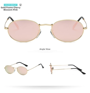 Three-angle view of oval sunglasses featuring golden metal frames and cherry pink lenses