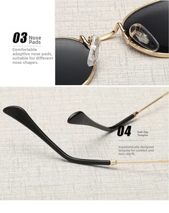 Detail of adjustable nose pads and ergonomic non-slip temples on gold sunglasses