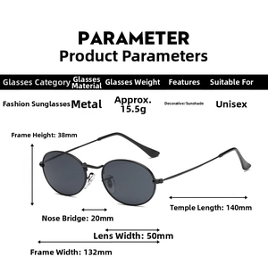 Detailed size chart for retro oval sunglasses showing frame dimensions and parameters