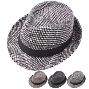 Classic houndstooth wool fedora hat for men featuring a black ribbon band on white background