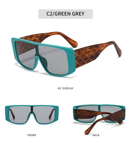 Detail view of oversized turquoise sunglasses with tortoiseshell textured temples in C2 Green Grey