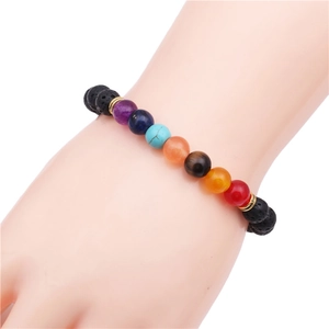 Chakra stone bracelet with 8mm natural lava rock and colorful agate beads on wrist