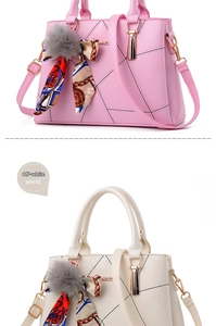 Detail of pink and off-white PU leather handbags with quilting and floral scarf