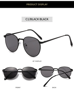 Detailed multi-angle views of retro oval metal sunglasses with spring hinges in black