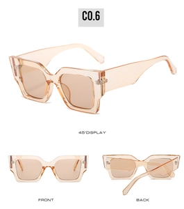 Vue en trois angles de lunettes de soleil carrées à effet marbre montrant les détails de charnière