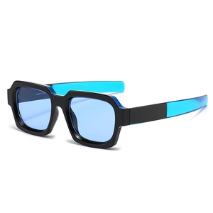 Modern black square frame sunglasses with light blue lenses and two-tone temples