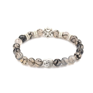 Retro dragon vein agate bead bracelet featuring silver lion and buddha head charms