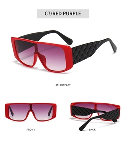 Detailed views of red purple square sunglasses with textured black temples and gradient lenses
