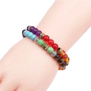Wrist-worn view of 8mm natural chakra beads bracelet with tiger eye and agate stones