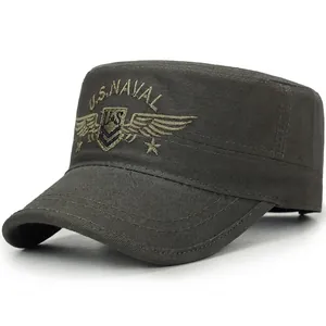 Cotton Canvas Cadet Cap Military Hat With US Naval Embroidery Tactical Outdoor Sun Hat For Men Adjustable Vintage Style
