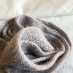 Detail view of a soft purple faux cashmere scarf showing its fluffy knit texture