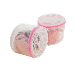 Set of 2 white foldable mesh laundry bags for bras with pink zipper and 3D frame support