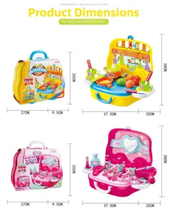 Vue détaillée des dimensions des valises jouets cuisine et maquillage en deux états
