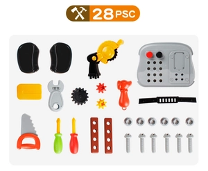 Vue à plat du kit de 28 outils de réparation pour enfants avec clés, scies et tournevis