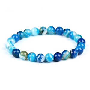 Macro shot of blue natural agate beads with detailed stripe patterns and translucent texture