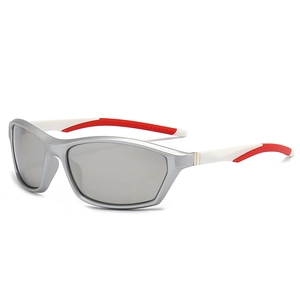 Outdoor sports sunglasses with silver matte frame and red-white temples for cycling