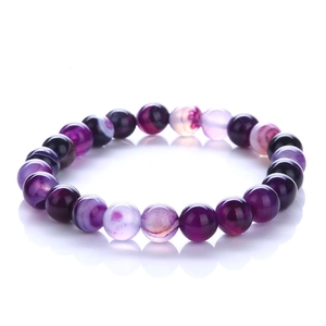 Natural purple striped agate beaded stretch bracelet with smooth round mineral stones